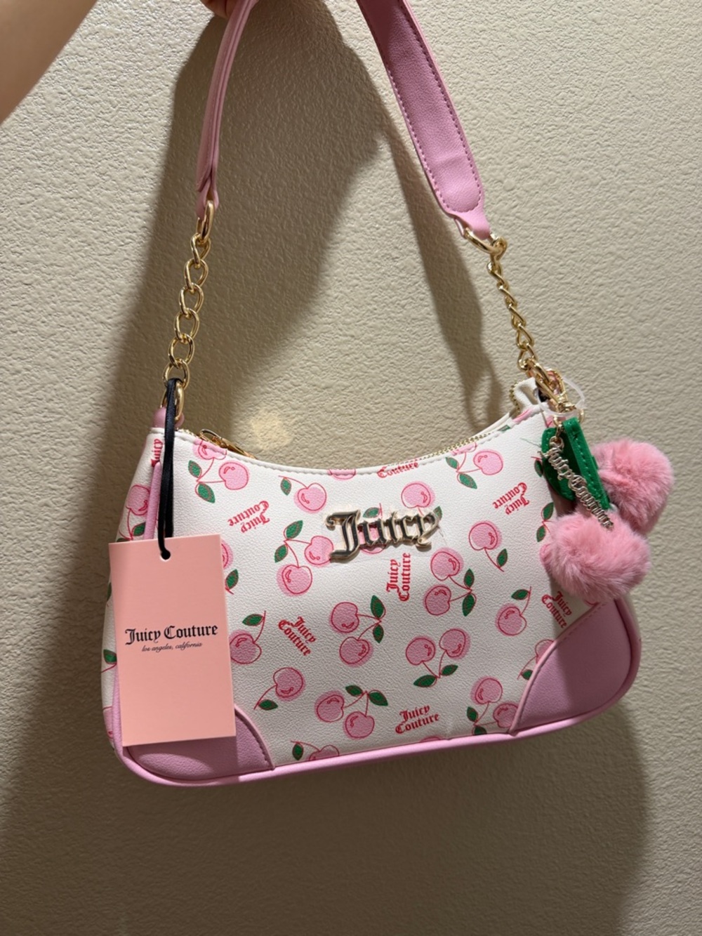 Juicy Couture Pink Cherry Print Shoulder Bag with Pom Charm